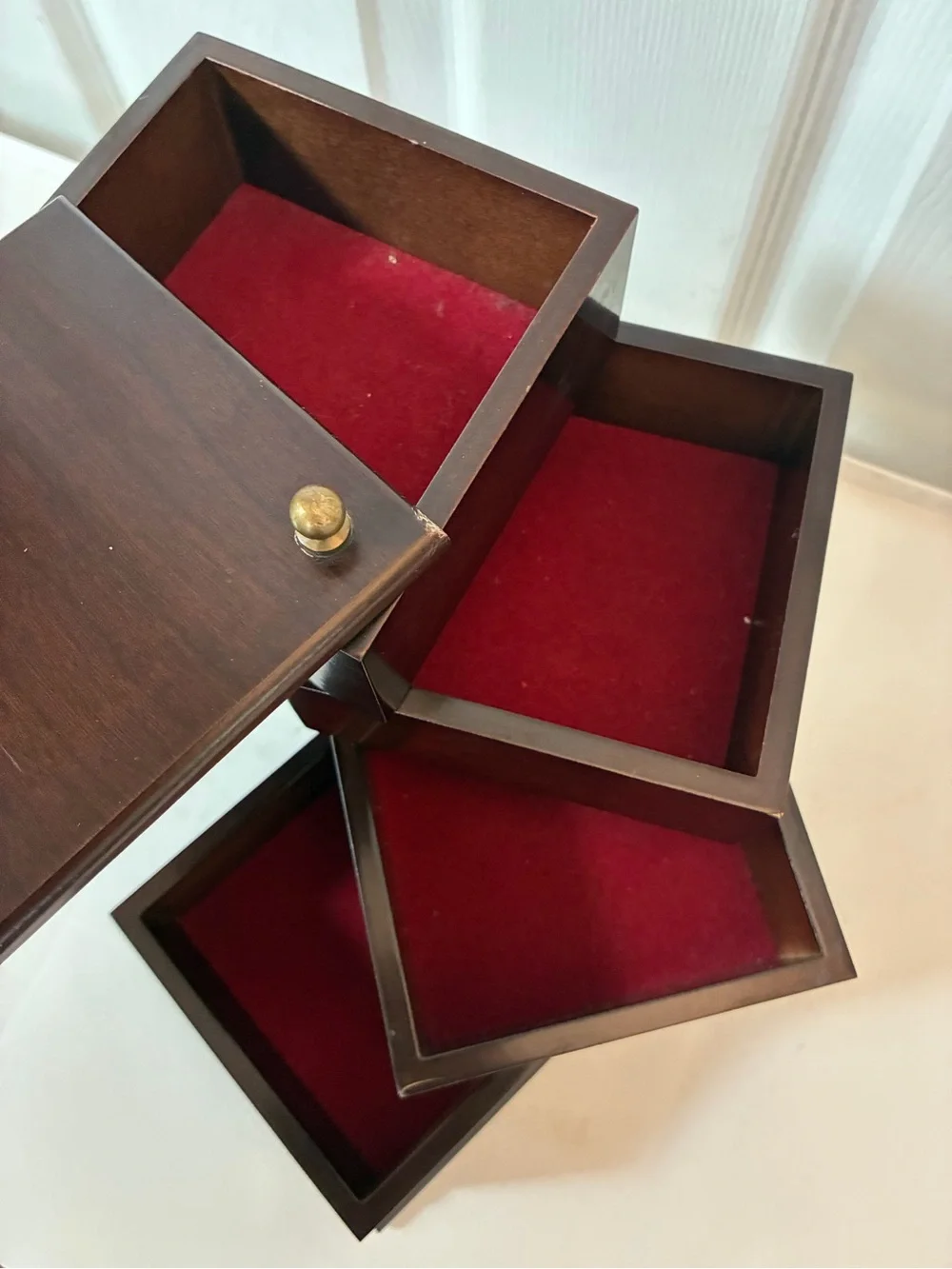 Vintage 1996 Bombay Co 4 Tier Swivel Mahogany Wood Jewelry Desk Organizer Box